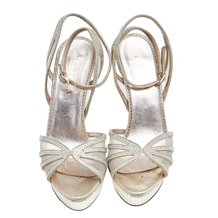 Pre Owned Le Silla Gold Suede And Mesh Crystal Embellished Platform Strappy Sandals Size 37