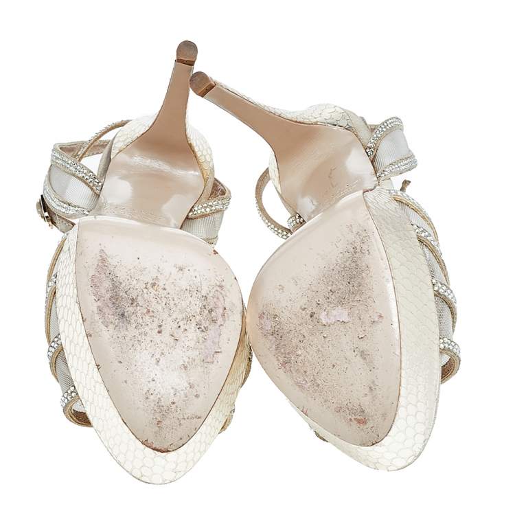 Pre Owned Le Silla Gold Suede And Mesh Crystal Embellished Platform Strappy Sandals Size 37