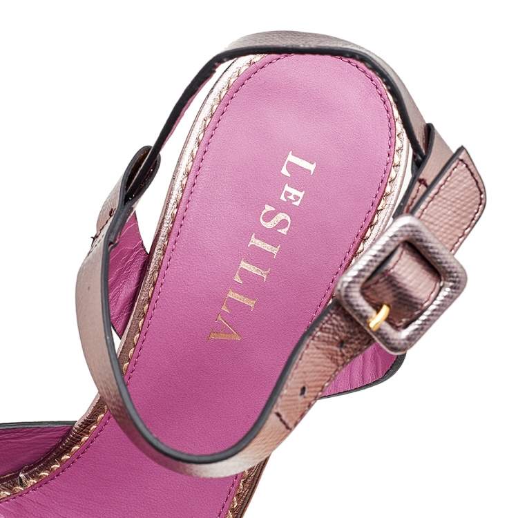 Pre Owned Le Silla Metallic Rose Gold Leather Criss Cross Platform Ankle Strap Sandals Size 38