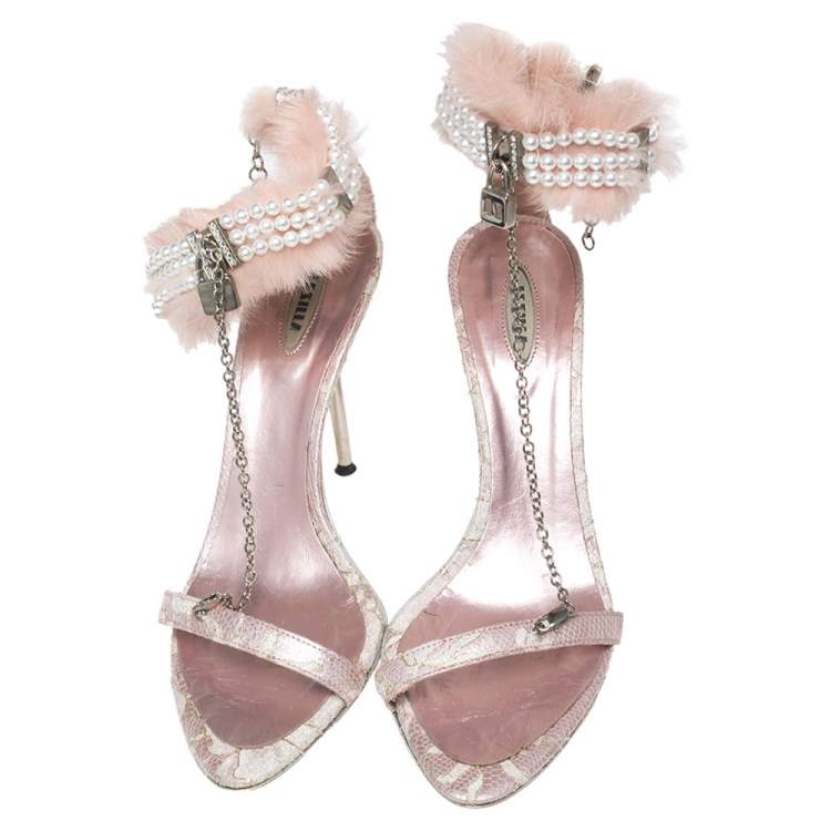 Pre Owned Le Silla Pink Lace and Pearl Chain Embellished Fur T-Strap Sandals Size 37