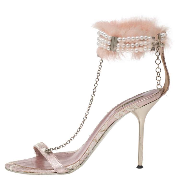Pre Owned Le Silla Pink Lace and Pearl Chain Embellished Fur T-Strap Sandals Size 37