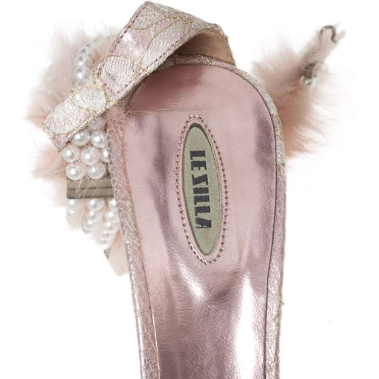 Pre Owned Le Silla Pink Lace and Pearl Chain Embellished Fur T-Strap Sandals Size 37