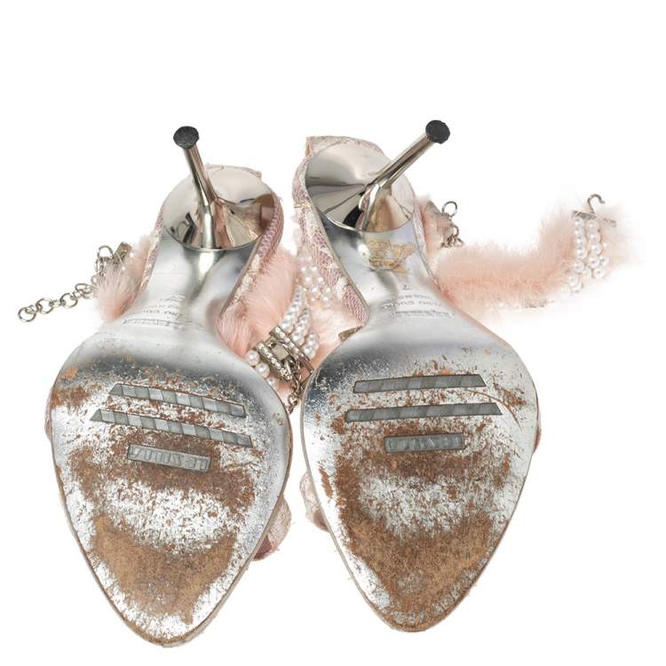 Pre Owned Le Silla Pink Lace and Pearl Chain Embellished Fur T-Strap Sandals Size 37