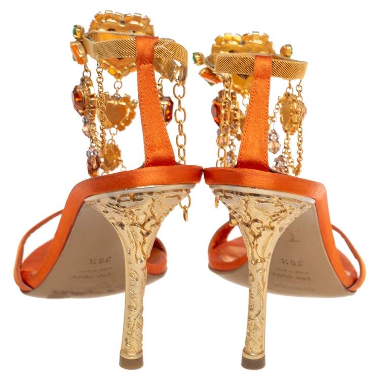 مملوكة مسبقًا Le Silla Orange Satin Crystal Embellished Ankle Strap Sandals Size 36.5 