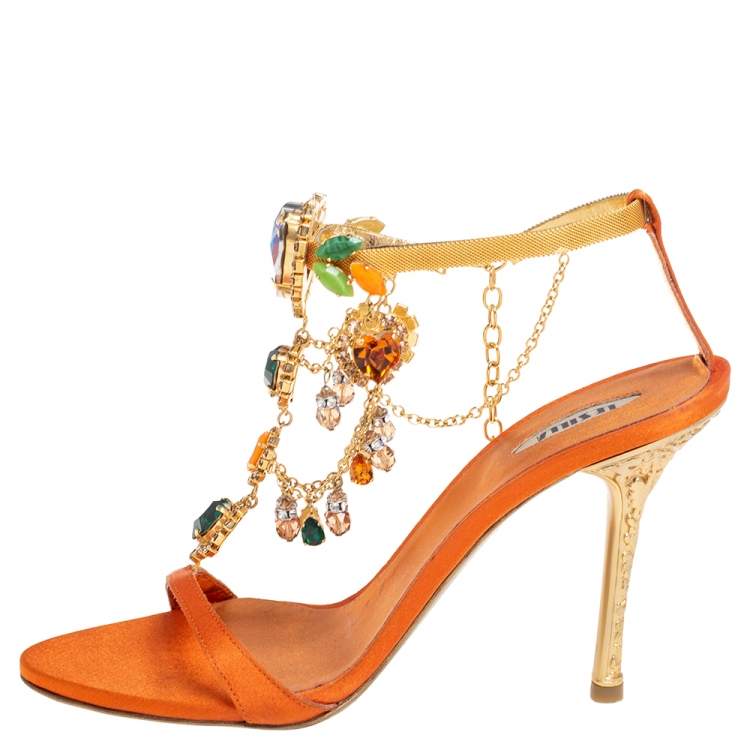 مملوكة مسبقًا Le Silla Orange Satin Crystal Embellished Ankle Strap Sandals Size 36.5 