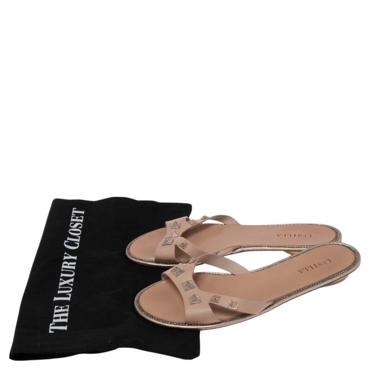 Pre Owned Le Silla Beige Leather Studded Flat Slide Sandals Size 40