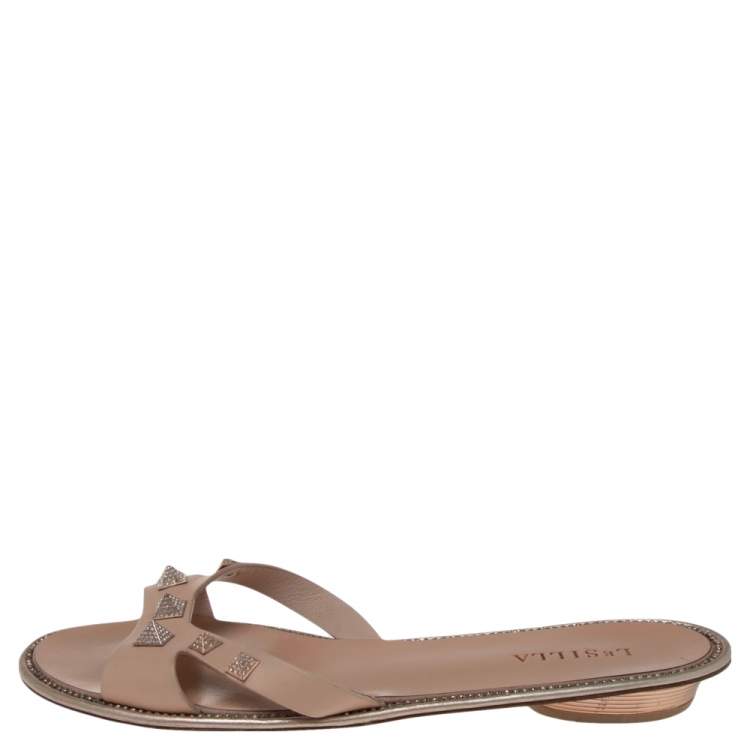 Pre Owned Le Silla Beige Leather Studded Flat Slide Sandals Size 40