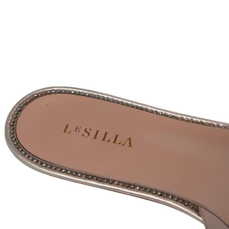 Pre Owned Le Silla Beige Leather Studded Flat Slide Sandals Size 40
