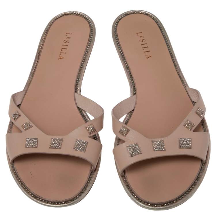 Pre Owned Le Silla Beige Leather Studded Flat Slide Sandals Size 40