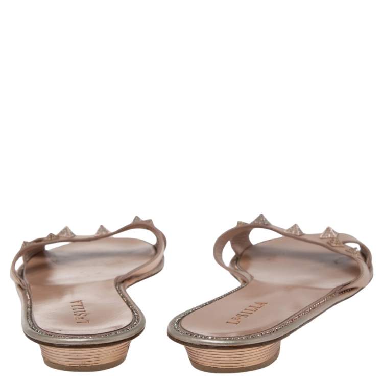 Pre Owned Le Silla Beige Leather Studded Flat Slide Sandals Size 40
