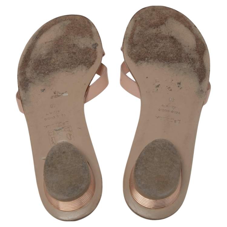 Pre Owned Le Silla Beige Leather Studded Flat Slide Sandals Size 40