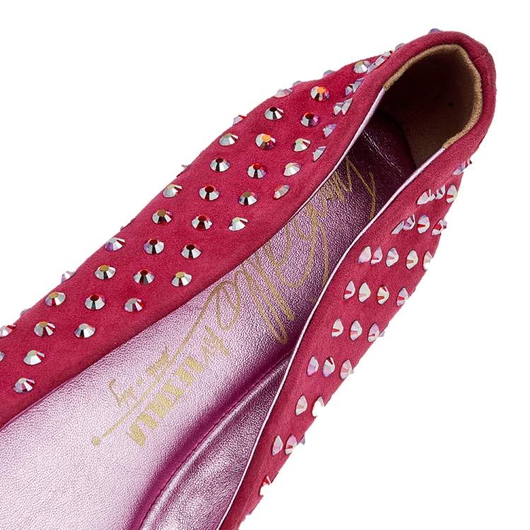 Pre Owned Le Silla Pink Suede Crystal Embellished Ballet Flats Size 39.5