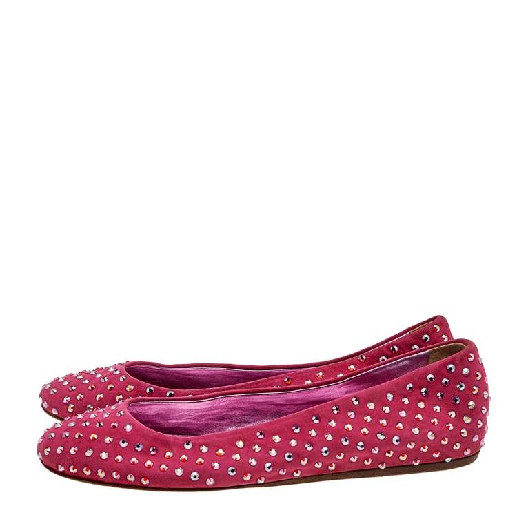 Pre Owned Le Silla Pink Suede Crystal Embellished Ballet Flats Size 39.5
