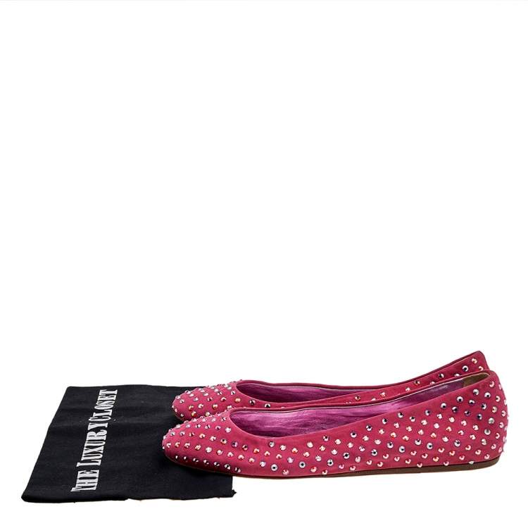 Pre Owned Le Silla Pink Suede Crystal Embellished Ballet Flats Size 39.5