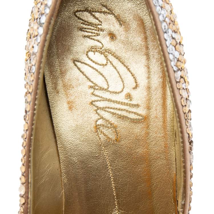 Pre Owned Le Silla Gold Crystal Embellished Satin Platform Pumps Size 38