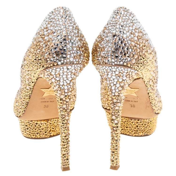 Pre Owned Le Silla Gold Crystal Embellished Satin Platform Pumps Size 38