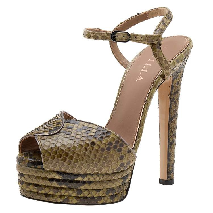 Pre Owned Le Silla Green Python Ankle Strap Platform Sandals Size 37