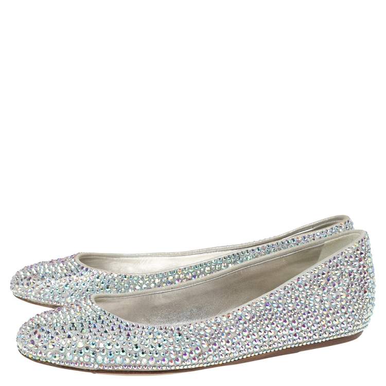 Pre Owned Le Silla Grey Satin Crystal Embellished Ballet Flats Size 37.5