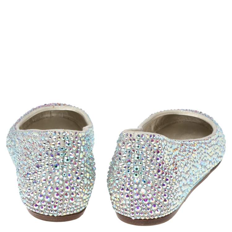 Pre Owned Le Silla Grey Satin Crystal Embellished Ballet Flats Size 37.5