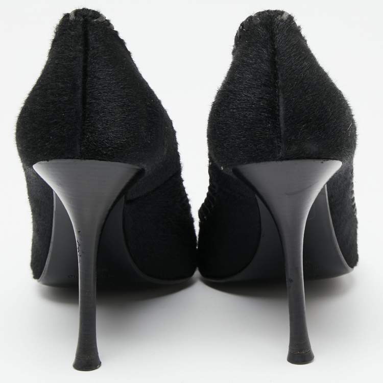 Pre Owned Le Silla Black Calf Hair Crystal Embellished Pointed Toe Pumps Size 38