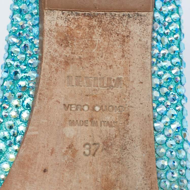 Pre Owned Le Silla Metallic Blue Suede Crystal Embellished Ballet Flats Size 37