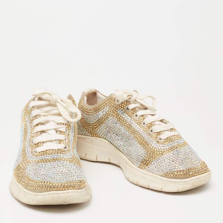 Pre Owned Le Silla White Leather And Fabric  Crystal Embellished Low Top Sneakers Size 37