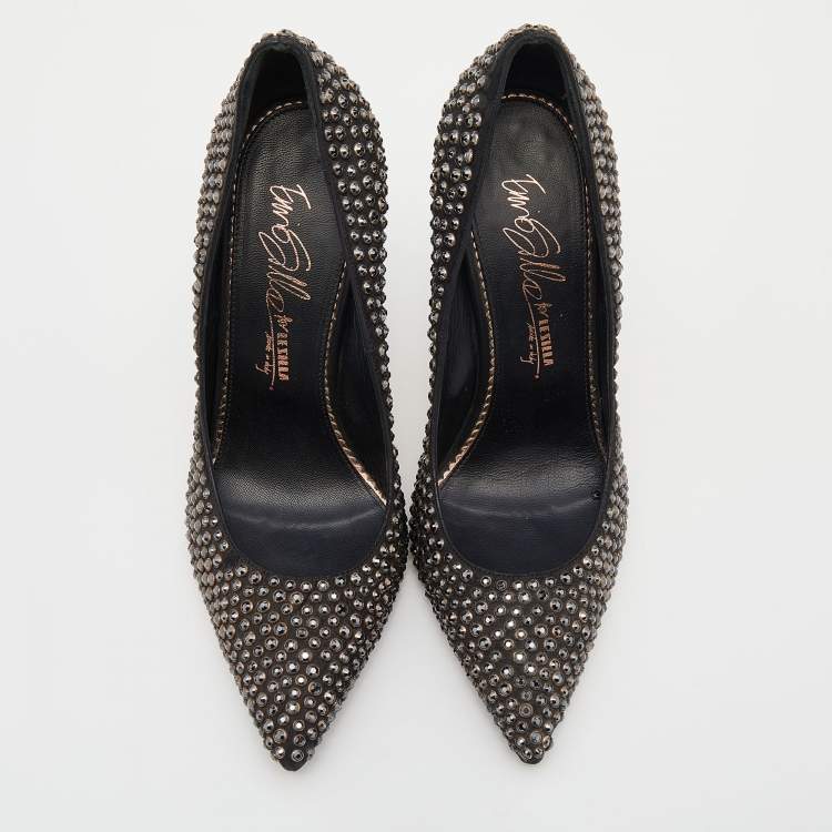 Pre Owned Le Silla Black Leather Crystal Embellished Pointed Toe Pumps Size 38