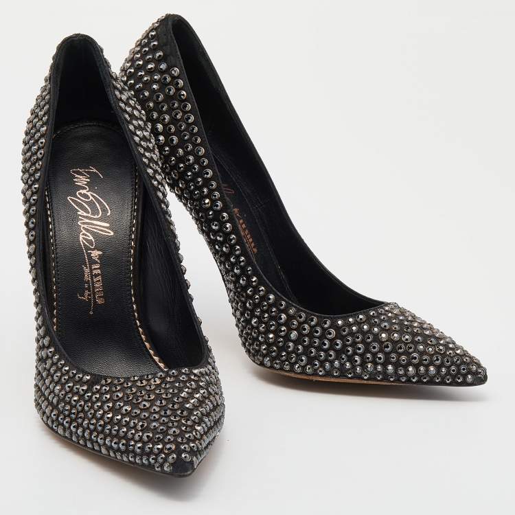 Pre Owned Le Silla Black Leather Crystal Embellished Pointed Toe Pumps Size 38