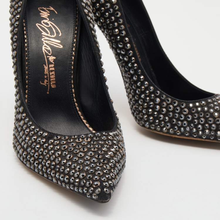 Pre Owned Le Silla Black Leather Crystal Embellished Pointed Toe Pumps Size 38
