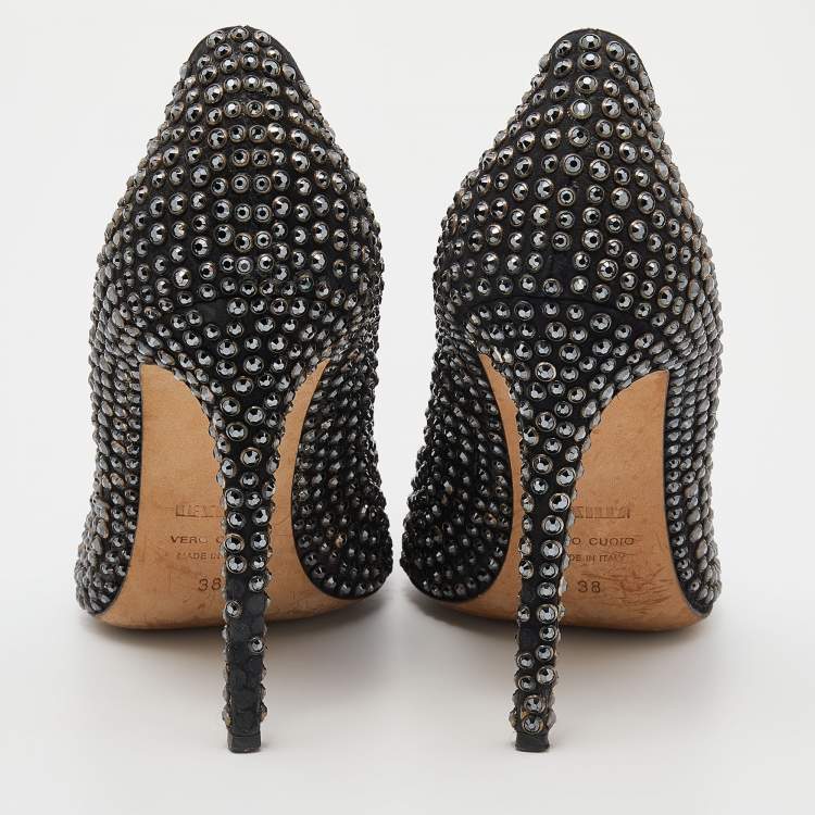 Pre Owned Le Silla Black Leather Crystal Embellished Pointed Toe Pumps Size 38