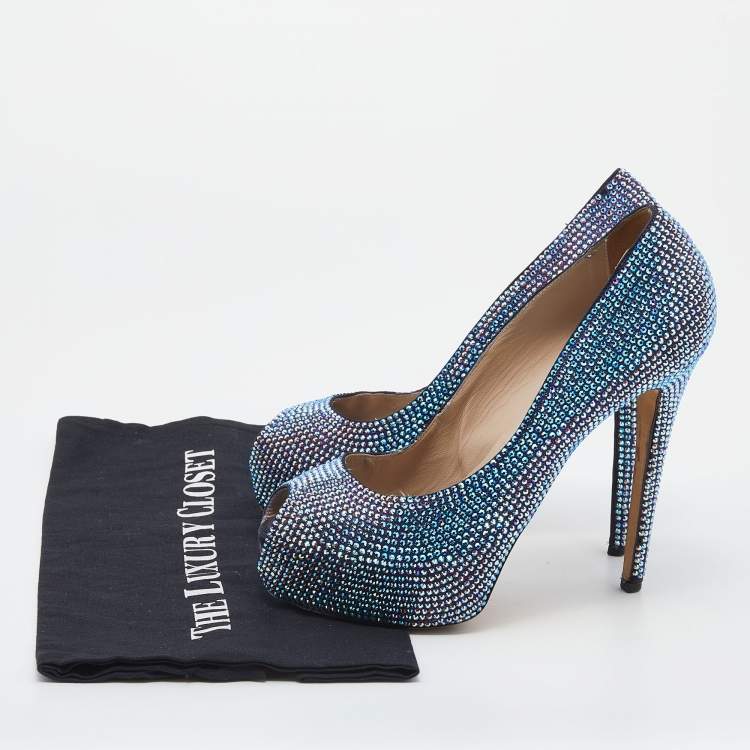 Pre Owned Le Silla Metallic Crystal Embellished Leather Peep Toe Platform Pumps Size 38