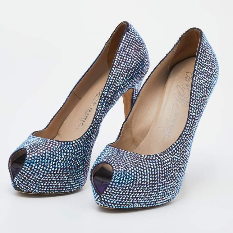 Pre Owned Le Silla Metallic Crystal Embellished Leather Peep Toe Platform Pumps Size 38