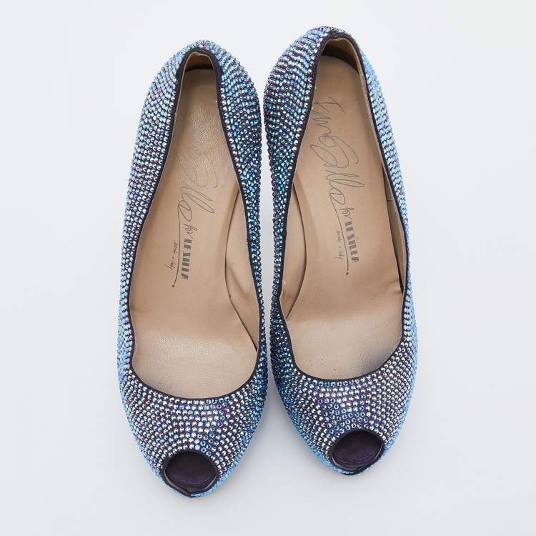 Pre Owned Le Silla Metallic Crystal Embellished Leather Peep Toe Platform Pumps Size 38