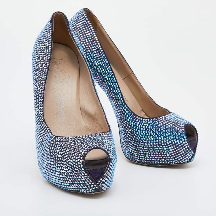 Pre Owned Le Silla Metallic Crystal Embellished Leather Peep Toe Platform Pumps Size 38