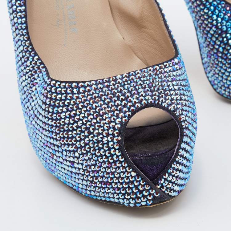 Pre Owned Le Silla Metallic Crystal Embellished Leather Peep Toe Platform Pumps Size 38