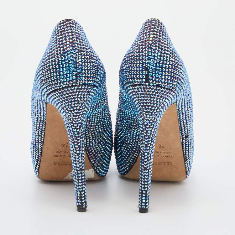 Pre Owned Le Silla Metallic Crystal Embellished Leather Peep Toe Platform Pumps Size 38