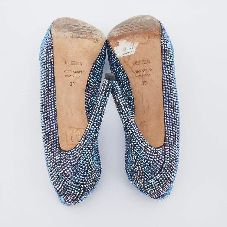 Pre Owned Le Silla Metallic Crystal Embellished Leather Peep Toe Platform Pumps Size 38