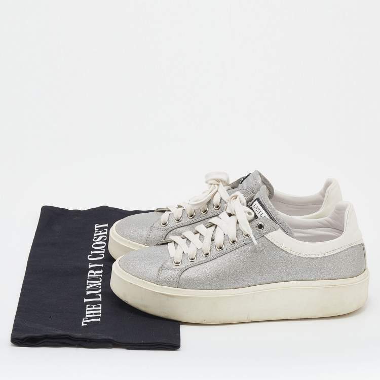 Pre Owned Le Silla Silver/White Glitter and Leather Sneakers Size 38