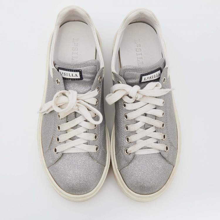 Pre Owned Le Silla Silver/White Glitter and Leather Sneakers Size 38