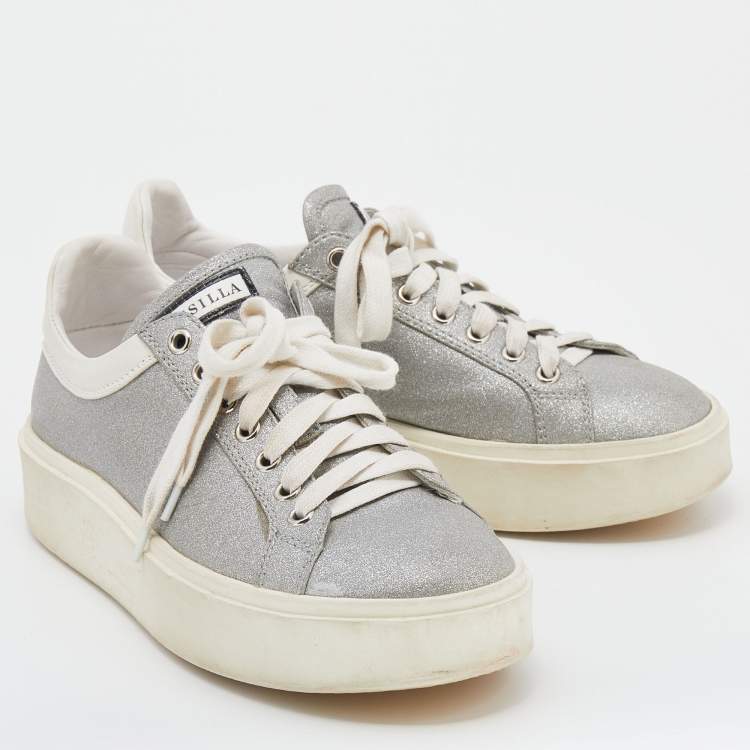 Pre Owned Le Silla Silver/White Glitter and Leather Sneakers Size 38