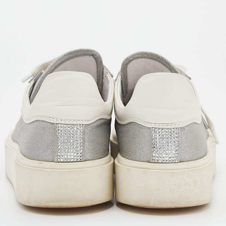 Pre Owned Le Silla Silver/White Glitter and Leather Sneakers Size 38