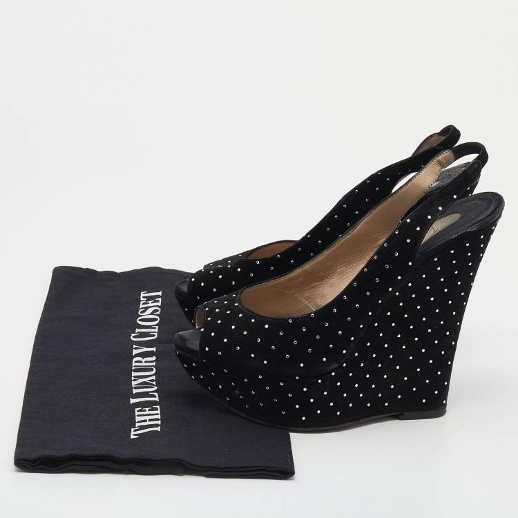 Pre Owned Le Silla Black Suede Crystal Embellished Wedge Platform Slingback Sandals Size 38