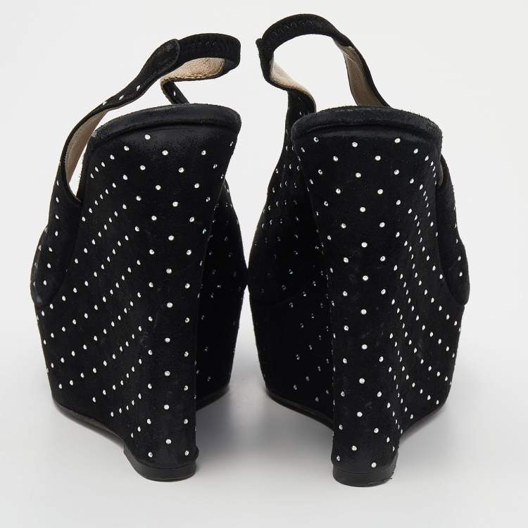 Pre Owned Le Silla Black Suede Crystal Embellished Wedge Platform Slingback Sandals Size 38