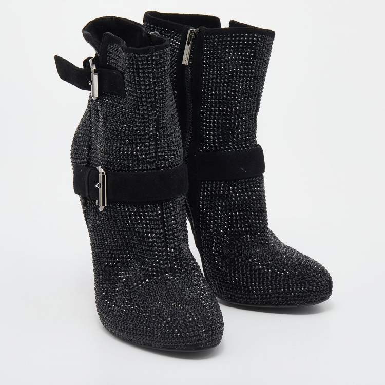 Pre Owned Le Silla Black Suede Embellished Ankle Boots Size 38