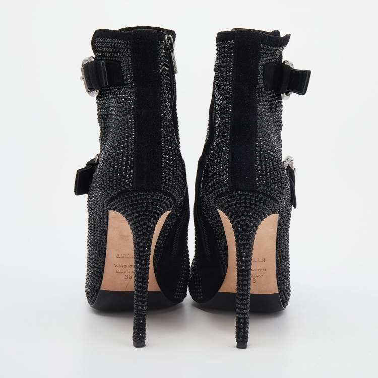 Pre Owned Le Silla Black Suede Embellished Ankle Boots Size 38