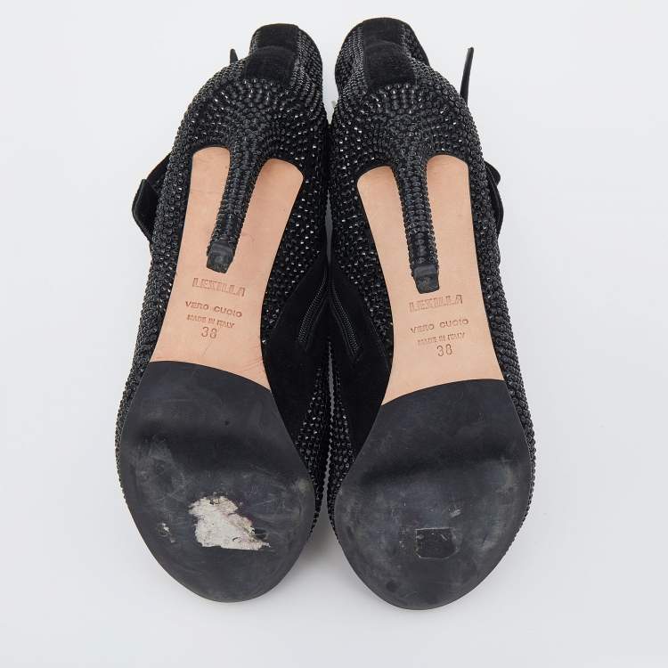 Pre Owned Le Silla Black Suede Embellished Ankle Boots Size 38