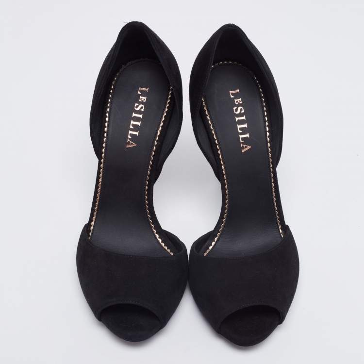 Pre Owned Le Silla Black Suede Peep-Toe Spiral Heel Pumps Size 38