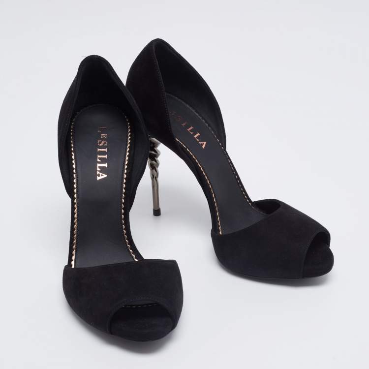 Pre Owned Le Silla Black Suede Peep-Toe Spiral Heel Pumps Size 38