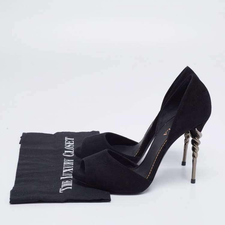 Pre Owned Le Silla Black Suede Peep-Toe Spiral Heel Pumps Size 38