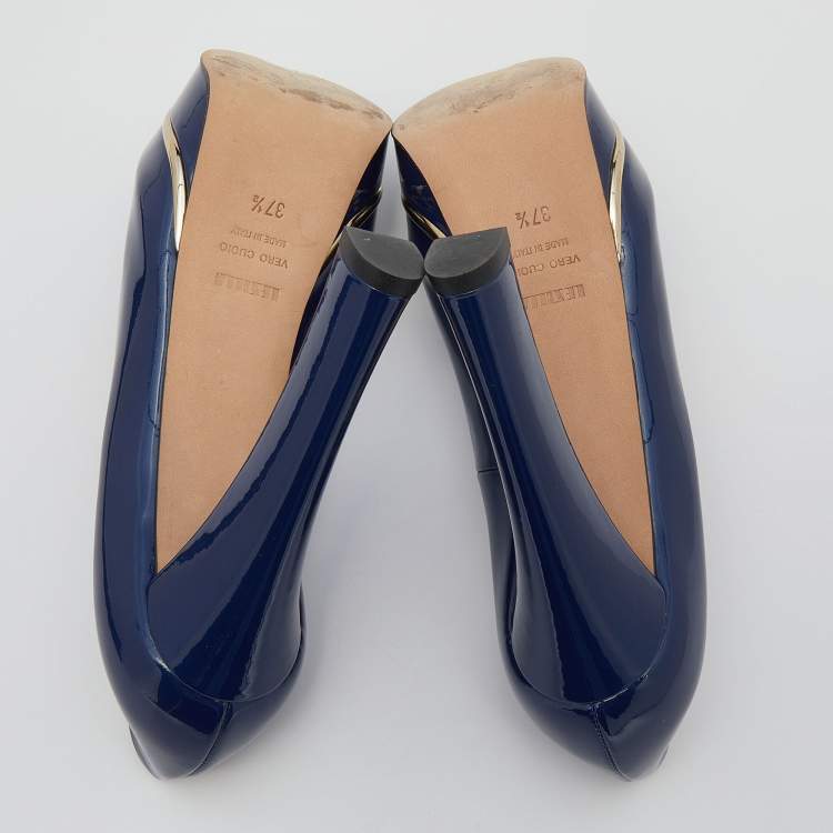 Pre Owned Le Silla Blue Patent Leather Platform Peep Toe Pumps Size 37.5